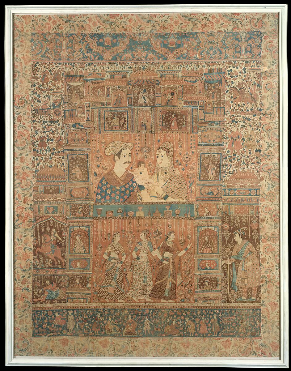 Kalamkari Hanging with Figures in an Architectural Setting, Cotton; plain weave, mordant-painted and dyed, resist-dyed