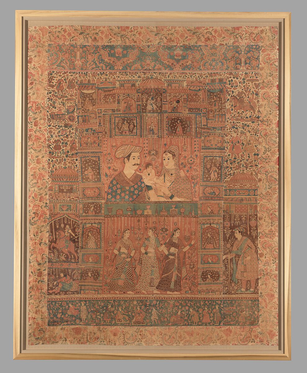 Kalamkari Hanging with Figures in an Architectural Setting, Cotton; plain weave, mordant-painted and dyed, resist-dyed 