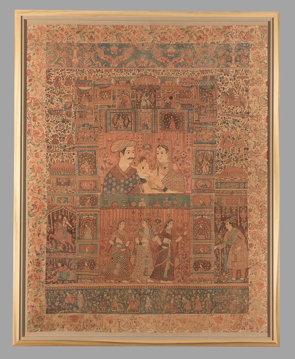 Kalamkari Hanging with Figures in an Architectural Setting, Cotton; plain weave, mordant-painted and dyed, resist-dyed