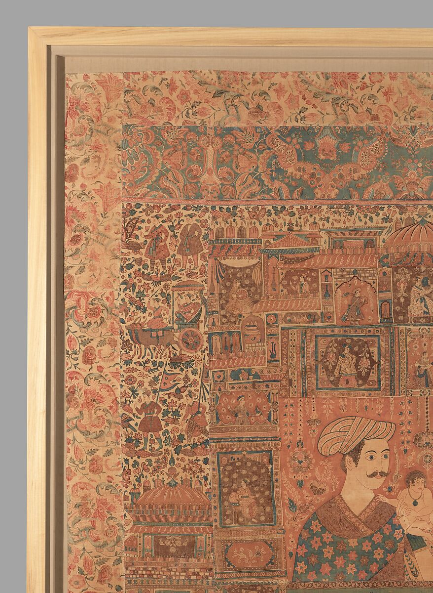 Kalamkari Hanging with Figures in an Architectural Setting, Cotton; plain weave, mordant-painted and dyed, resist-dyed
