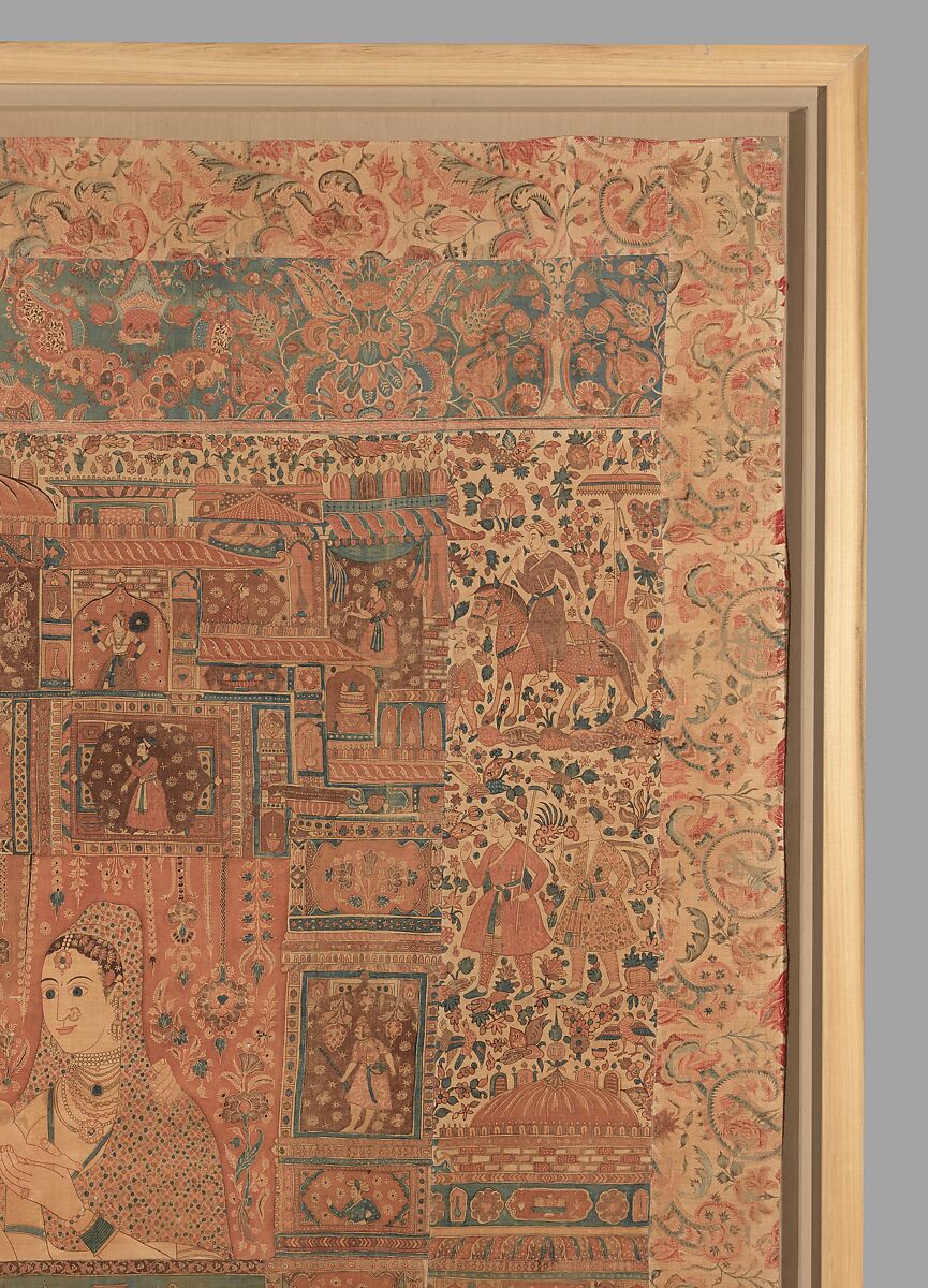 Kalamkari Hanging with Figures in an Architectural Setting, Cotton; plain weave, mordant-painted and dyed, resist-dyed