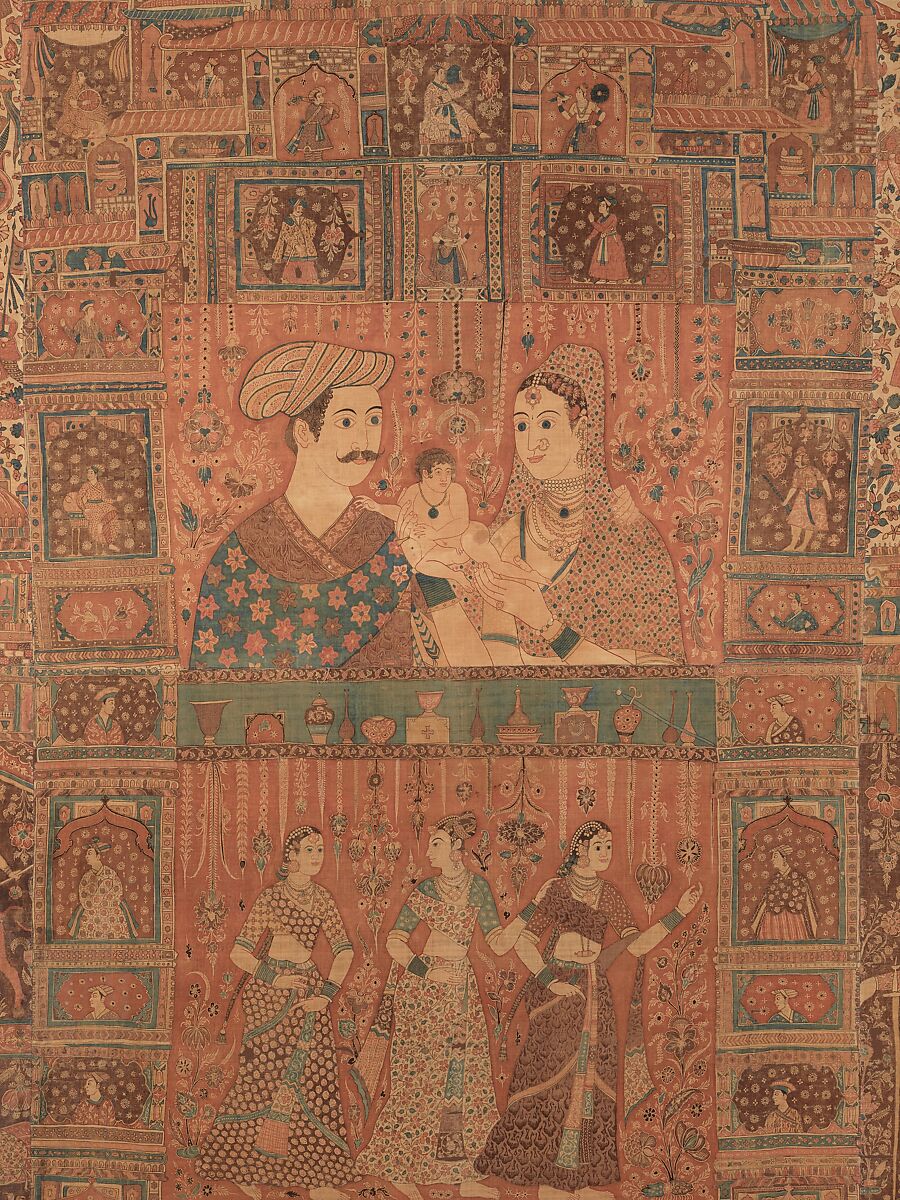 Kalamkari Hanging with Figures in an Architectural Setting, Cotton; plain weave, mordant-painted and dyed, resist-dyed