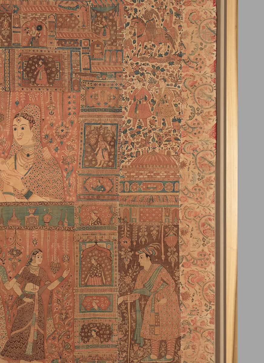 Kalamkari Hanging with Figures in an Architectural Setting, Cotton; plain weave, mordant-painted and dyed, resist-dyed