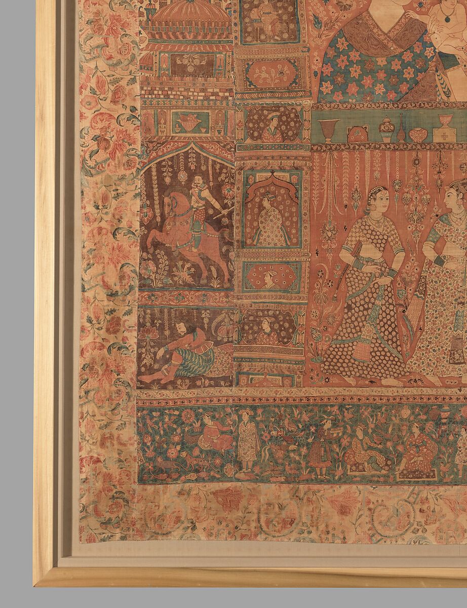 Kalamkari Hanging with Figures in an Architectural Setting, Cotton; plain weave, mordant-painted and dyed, resist-dyed