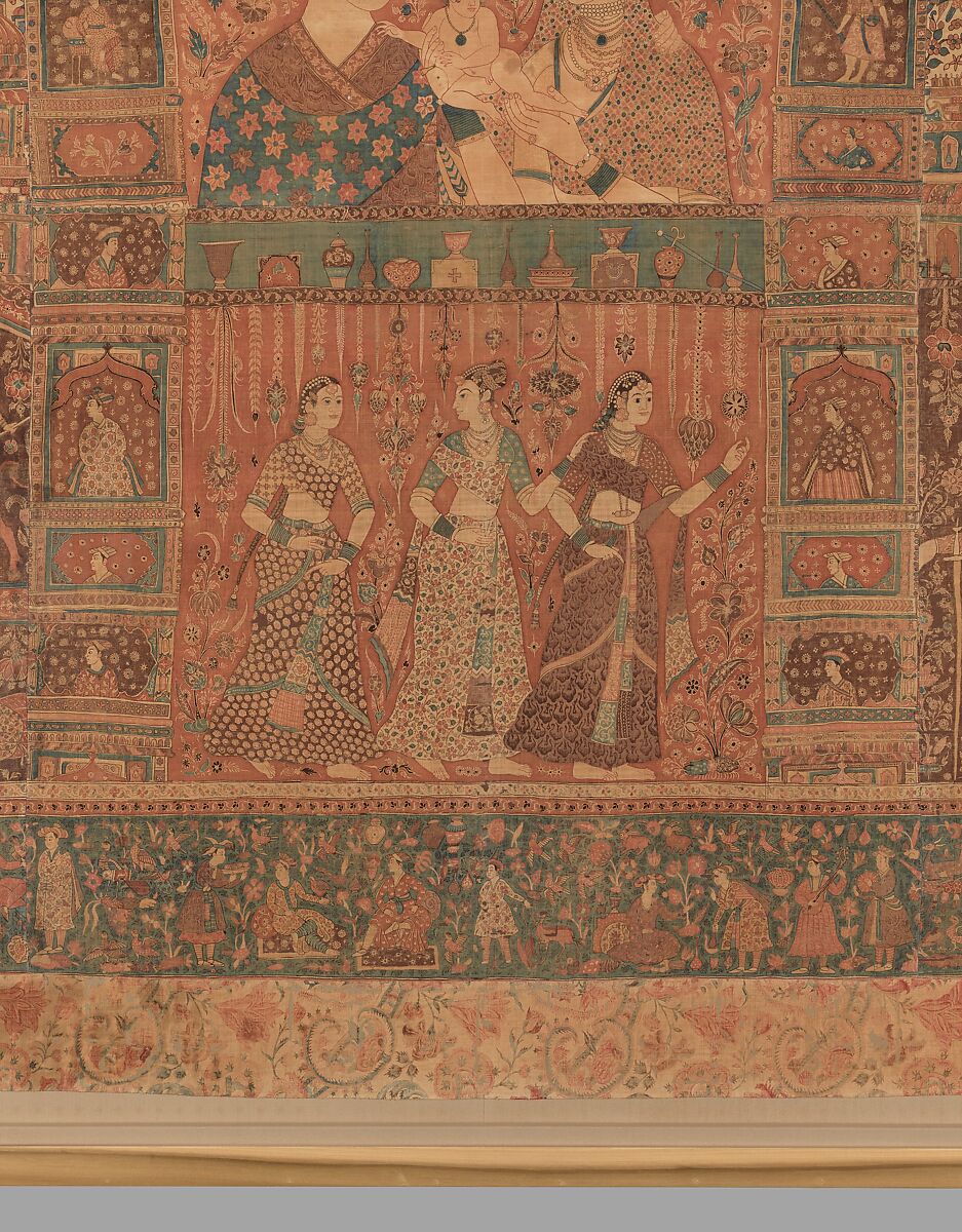 Kalamkari Hanging with Figures in an Architectural Setting, Cotton; plain weave, mordant-painted and dyed, resist-dyed