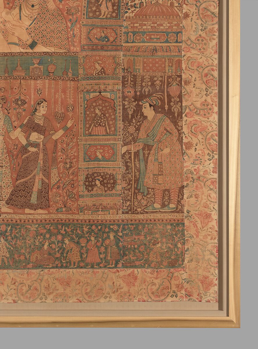 Kalamkari Hanging with Figures in an Architectural Setting, Cotton; plain weave, mordant-painted and dyed, resist-dyed