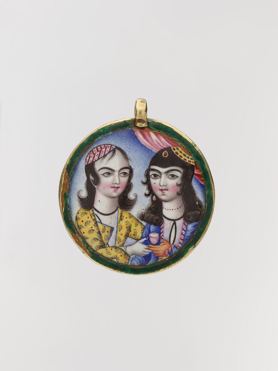 Portrait of a Couple in a Round Pendant, Gold; enamel-painted 