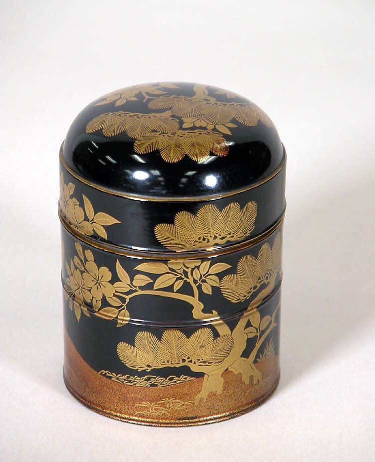 Lunchbox with Lid and Five silver Chopsticks and Rests, Black lacquer decorated with sprinkled gold; silver, Japan 