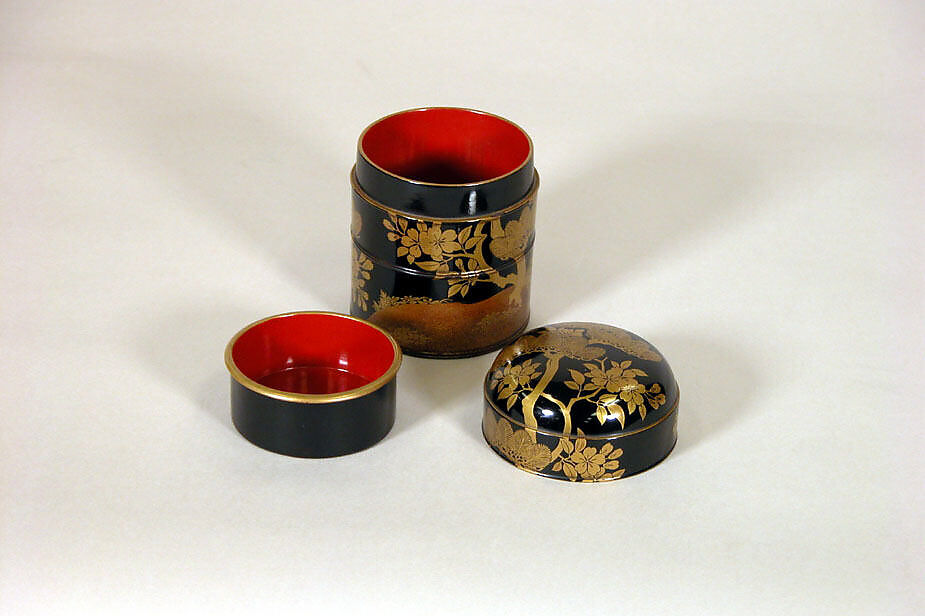Lunchbox with Lid and Five silver Chopsticks and Rests, Black lacquer decorated with sprinkled gold; silver, Japan