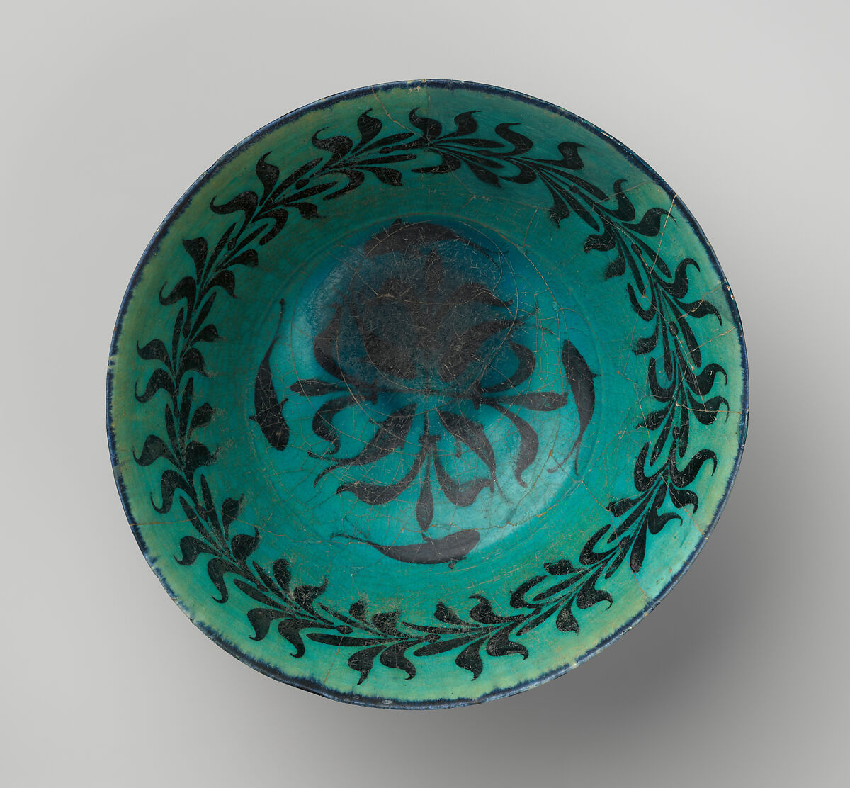 Bowl with Scrolls and Fishes, Stonepaste; underglaze painted