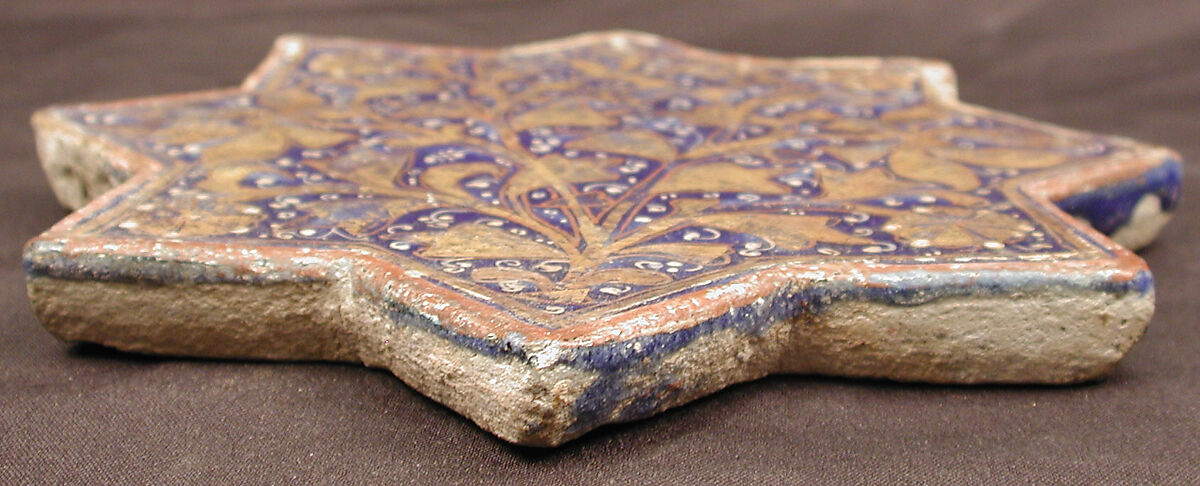 Three Tiles with 'Lajvardina' Glaze, Stonepaste; molded, overglaze painted, and gilded (lajvardina)