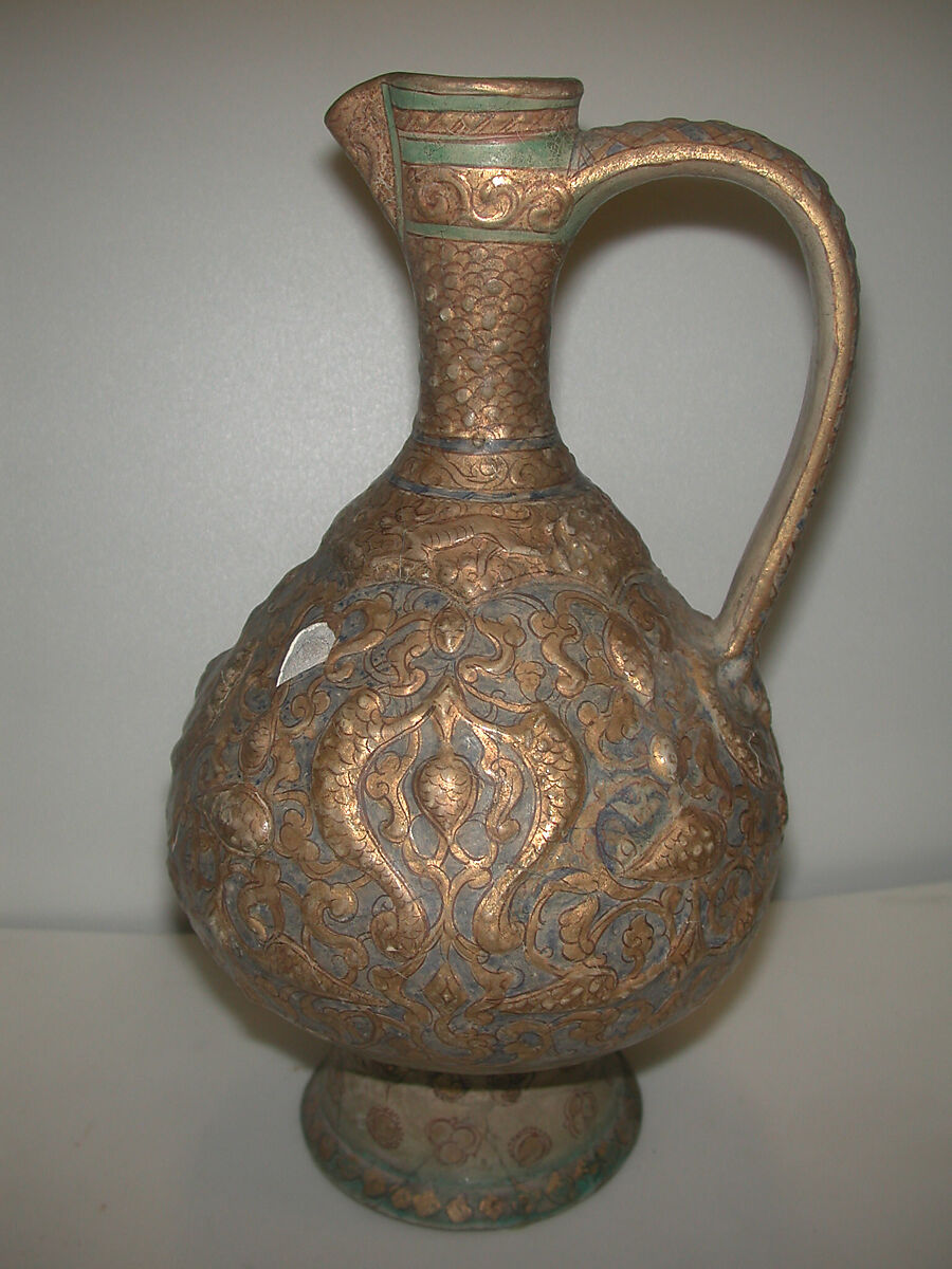 Ewer, Stonepaste; molded decoration; overglaze painted and gilded on monochrome opaque glaze (mina'i) 