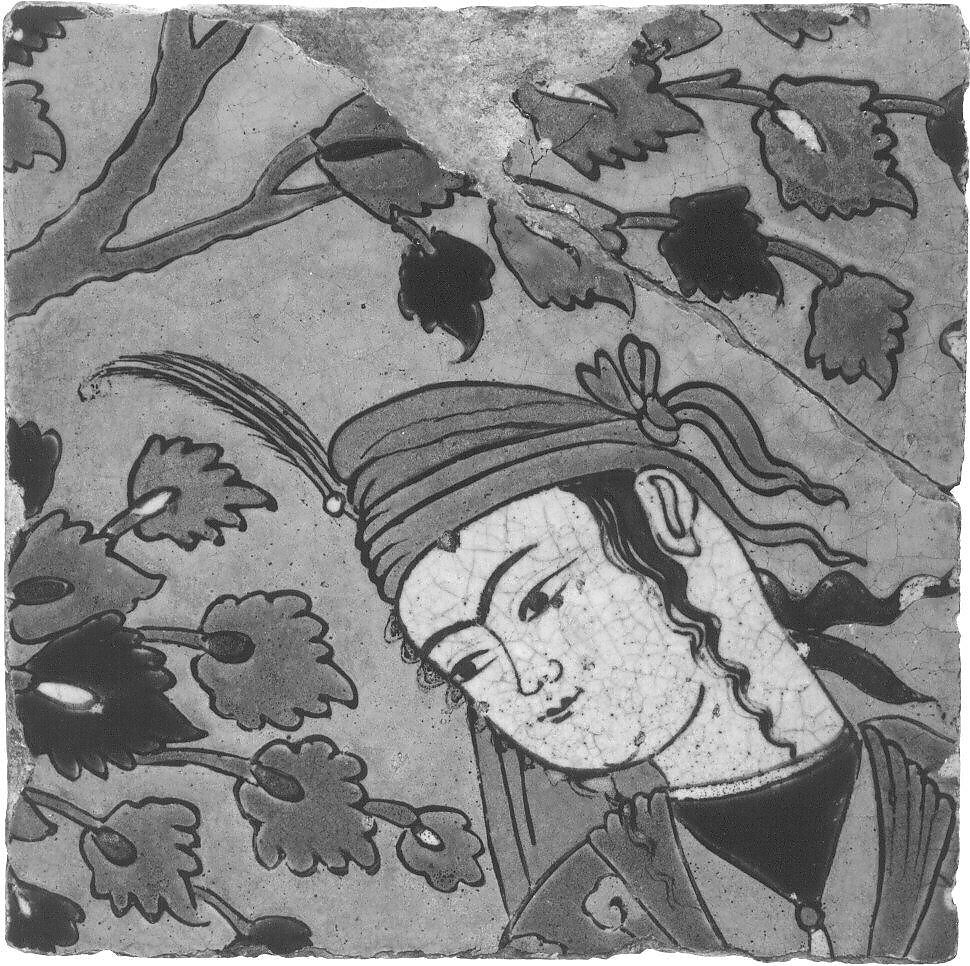 Tile Fragment of a Garden Scene Panel, Stonepaste; polychrome glaze within black wax resist outlines (cuerda seca technique)