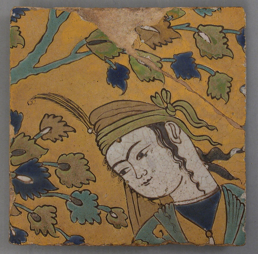 Tile Fragment of a Garden Scene Panel, Stonepaste; polychrome glaze within black wax resist outlines (cuerda seca technique) 