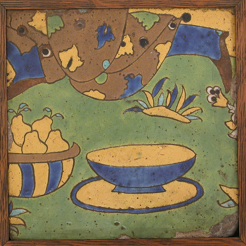 Tile, Stonepaste; polychrome glaze within wax resist outlines (cuerda seca technique)