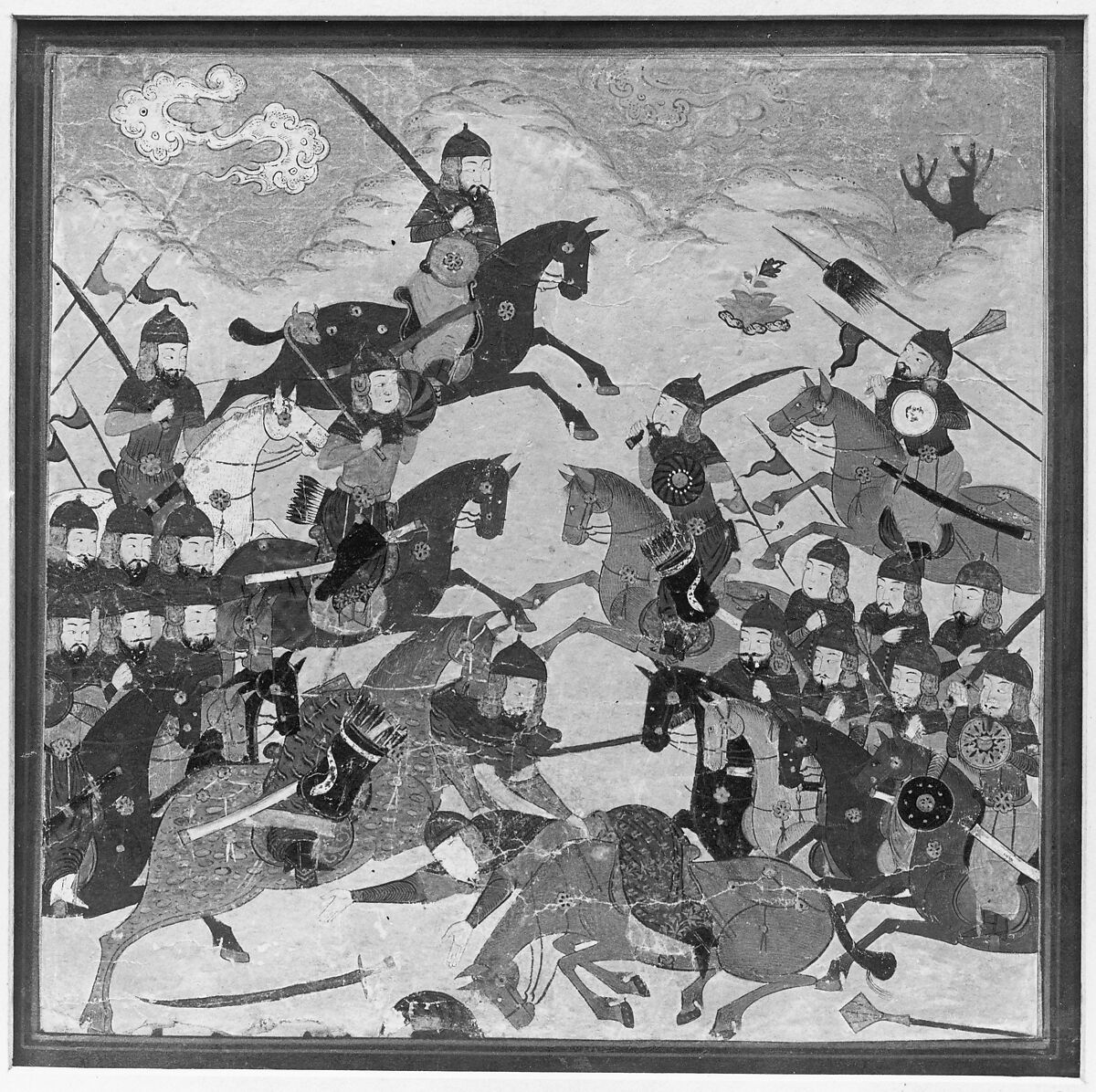 "Rustam Seizes Afrasiyab by the Girdle and Lifts him from the Saddle", Folio from a Shahnama (Book of Kings), Abu'l Qasim Firdausi (Iranian, Paj ca. 940/41–1020 Tus), Main support: Ink, opaque watercolor, gold on paper
Margins: Ink and gold on dyed paper