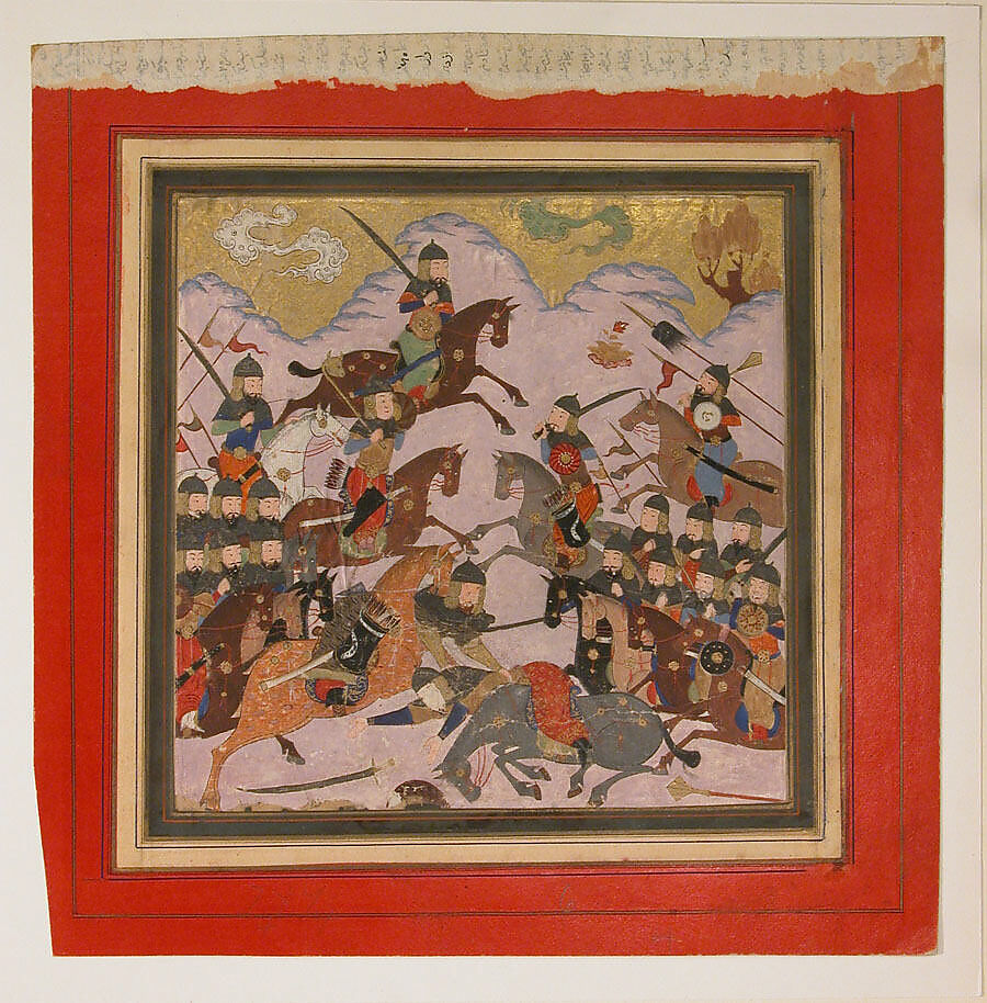 "Rustam Seizes Afrasiyab by the Girdle and Lifts him from the Saddle", Folio from a Shahnama (Book of Kings), Abu'l Qasim Firdausi (Iranian, Paj ca. 940/41–1020 Tus), Main support: Ink, opaque watercolor, gold on paper
Margins: Ink and gold on dyed paper