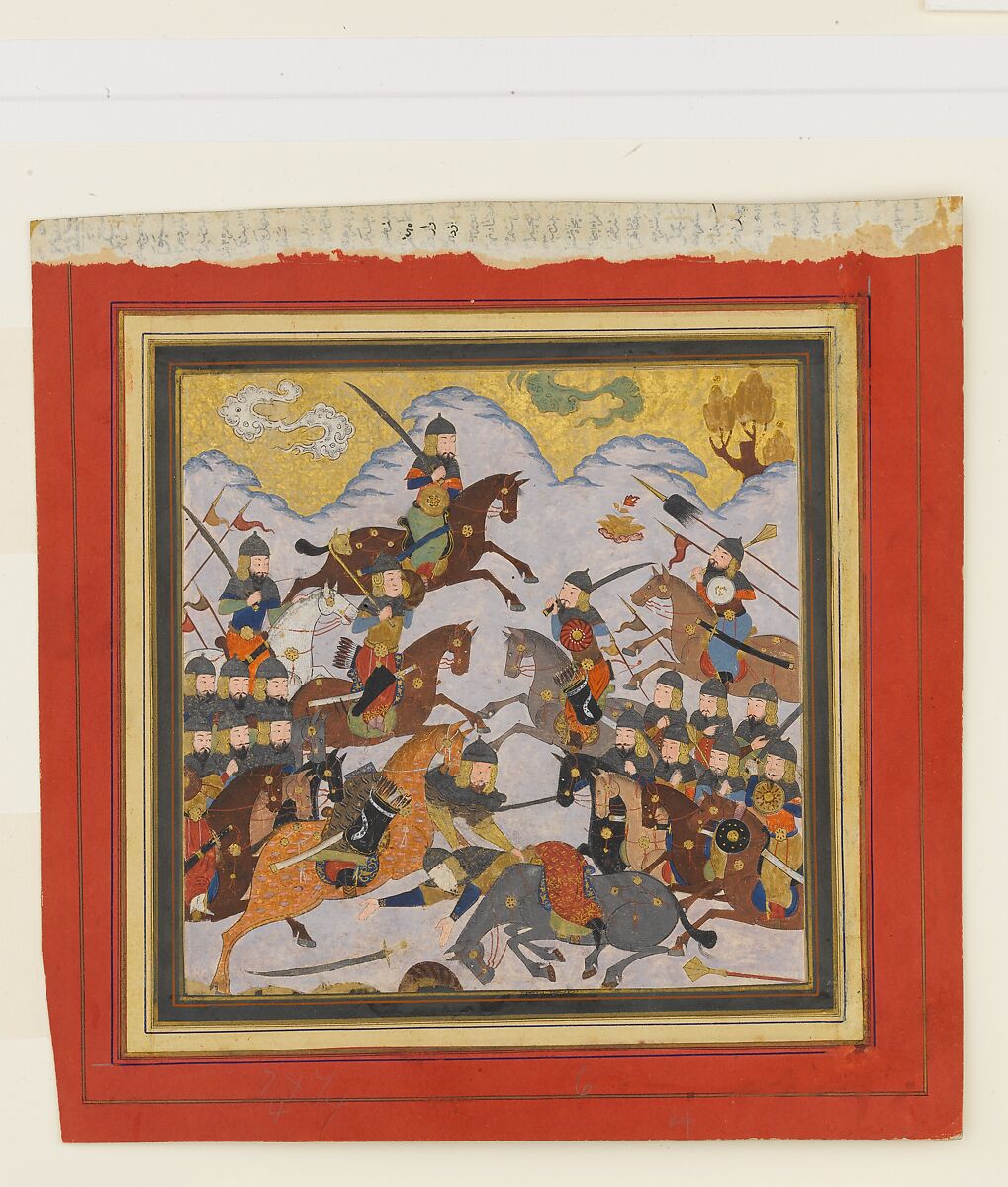 "Rustam Seizes Afrasiyab by the Girdle and Lifts him from the Saddle", Folio from a Shahnama (Book of Kings), Abu&#39;l Qasim Firdausi (Iranian, Paj ca. 940/41–1020 Tus), Main support: Ink, opaque watercolor, gold on paper
Margins: Ink and gold on dyed paper 