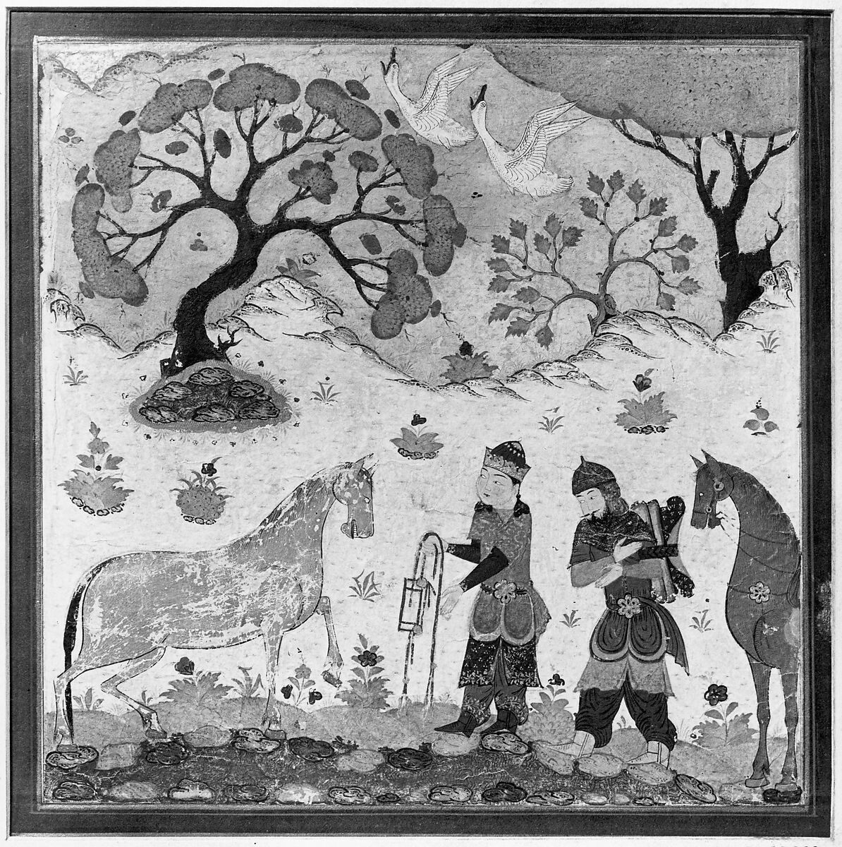 "Rustam Captures Rakhsh", Folio from a Shahnama (Book of Kings), Abu'l Qasim Firdausi (Iranian, Paj ca. 940/41–1020 Tus), Main support: Ink, opaque watercolor, gold on paper
Margins: Ink and gold on dyed paper