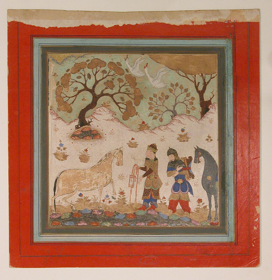 "Rustam Captures Rakhsh", Folio from a Shahnama (Book of Kings), Abu'l Qasim Firdausi (Iranian, Paj ca. 940/41–1020 Tus), Main support: Ink, opaque watercolor, gold on paper
Margins: Ink and gold on dyed paper