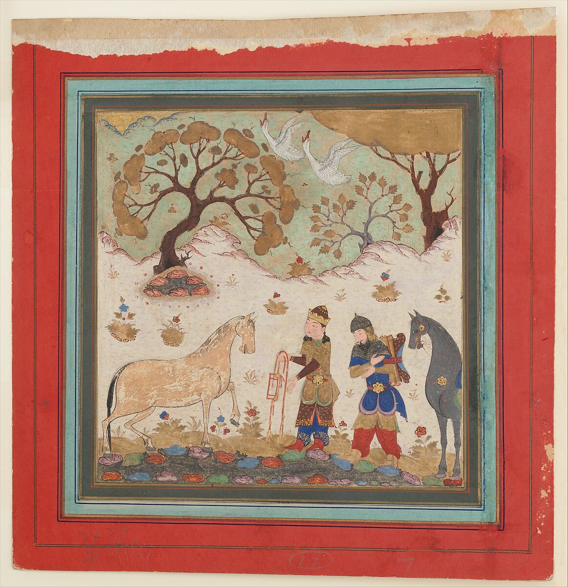 "Rustam Captures Rakhsh", Folio from a Shahnama (Book of Kings), Abu&#39;l Qasim Firdausi (Iranian, Paj ca. 940/41–1020 Tus), Main support: Ink, opaque watercolor, gold on paper
Margins: Ink and gold on dyed paper 
