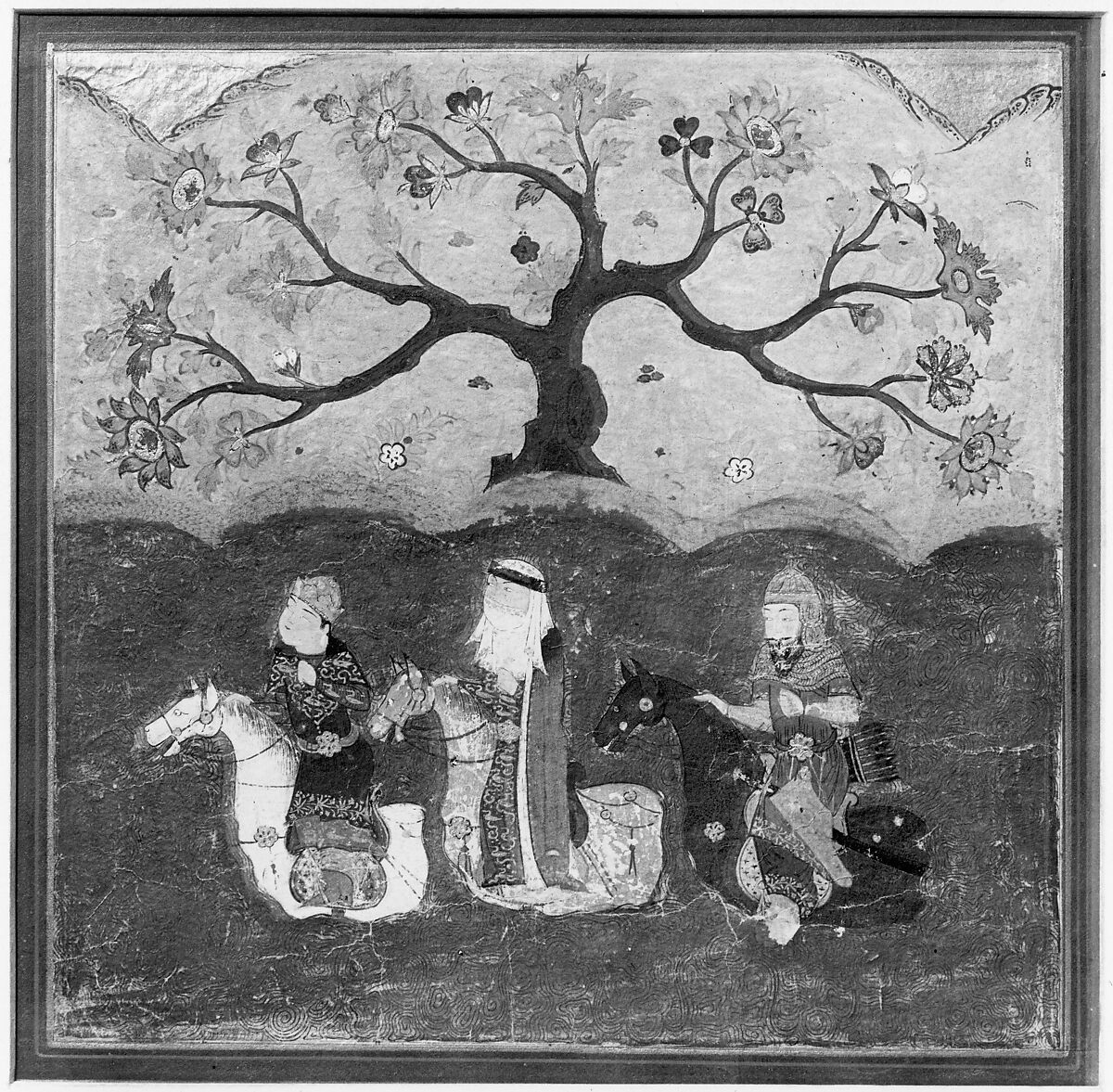 "Kai Khusrau, Farangis and Giv Crossing the River Jihun (Oxus)", Folio from a Shahnama (Book of Kings), Abu'l Qasim Firdausi (Iranian, Paj ca. 940/41–1020 Tus), Main support: Ink, opaque watercolor, silver, and gold on paper
Margins: Ink and gold on dyed paper