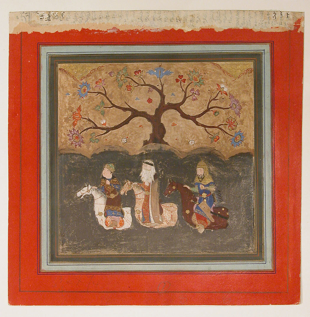 "Kai Khusrau, Farangis and Giv Crossing the River Jihun (Oxus)", Folio from a Shahnama (Book of Kings), Abu'l Qasim Firdausi (Iranian, Paj ca. 940/41–1020 Tus), Main support: Ink, opaque watercolor, silver, and gold on paper
Margins: Ink and gold on dyed paper