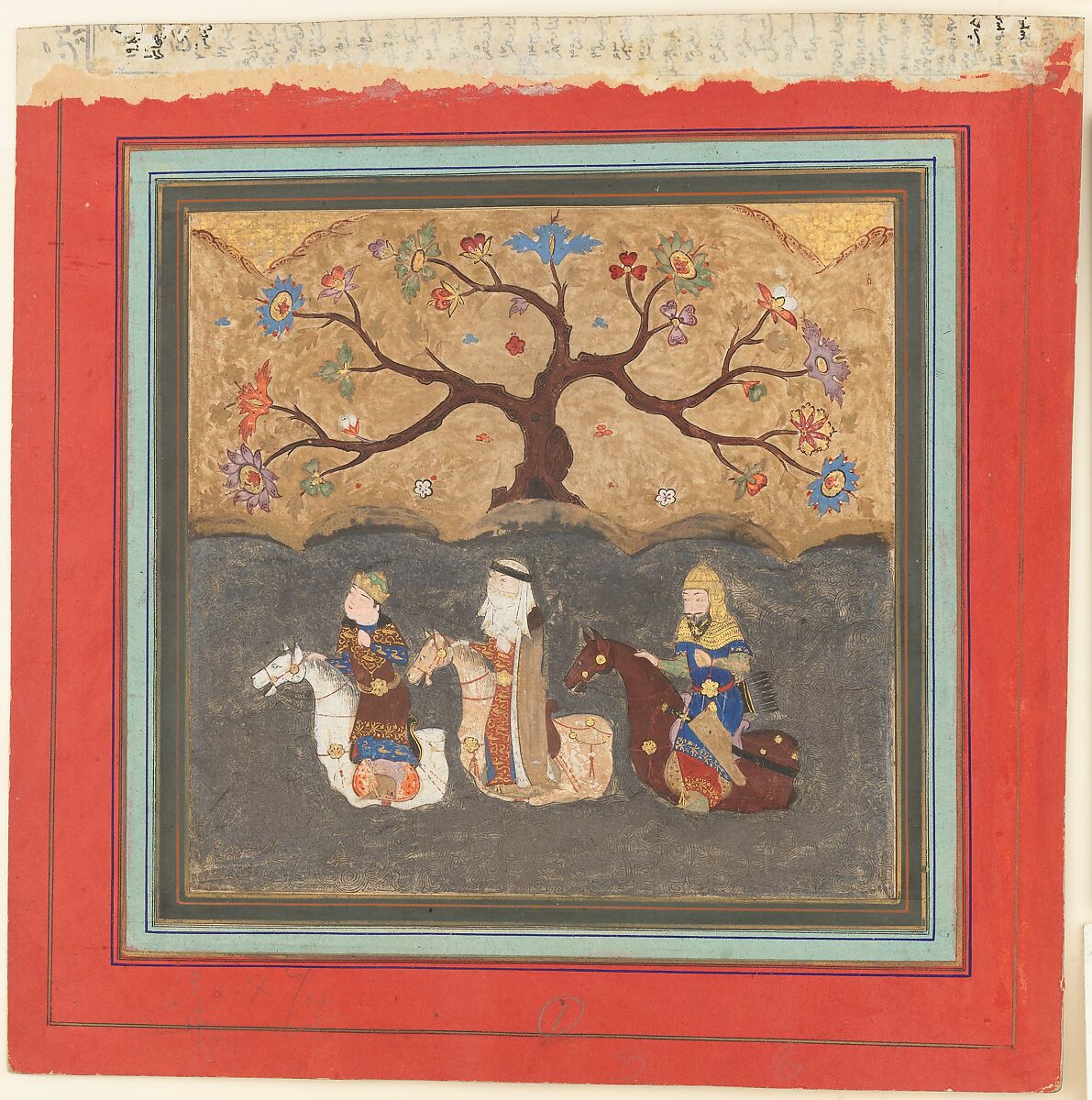 "Kai Khusrau, Farangis and Giv Crossing the River Jihun (Oxus)", Folio from a Shahnama (Book of Kings), Abu'l Qasim Firdausi (Iranian, Paj ca. 940/41–1020 Tus), Main support: Ink, opaque watercolor, silver, and gold on paper
Margins: Ink and gold on dyed paper