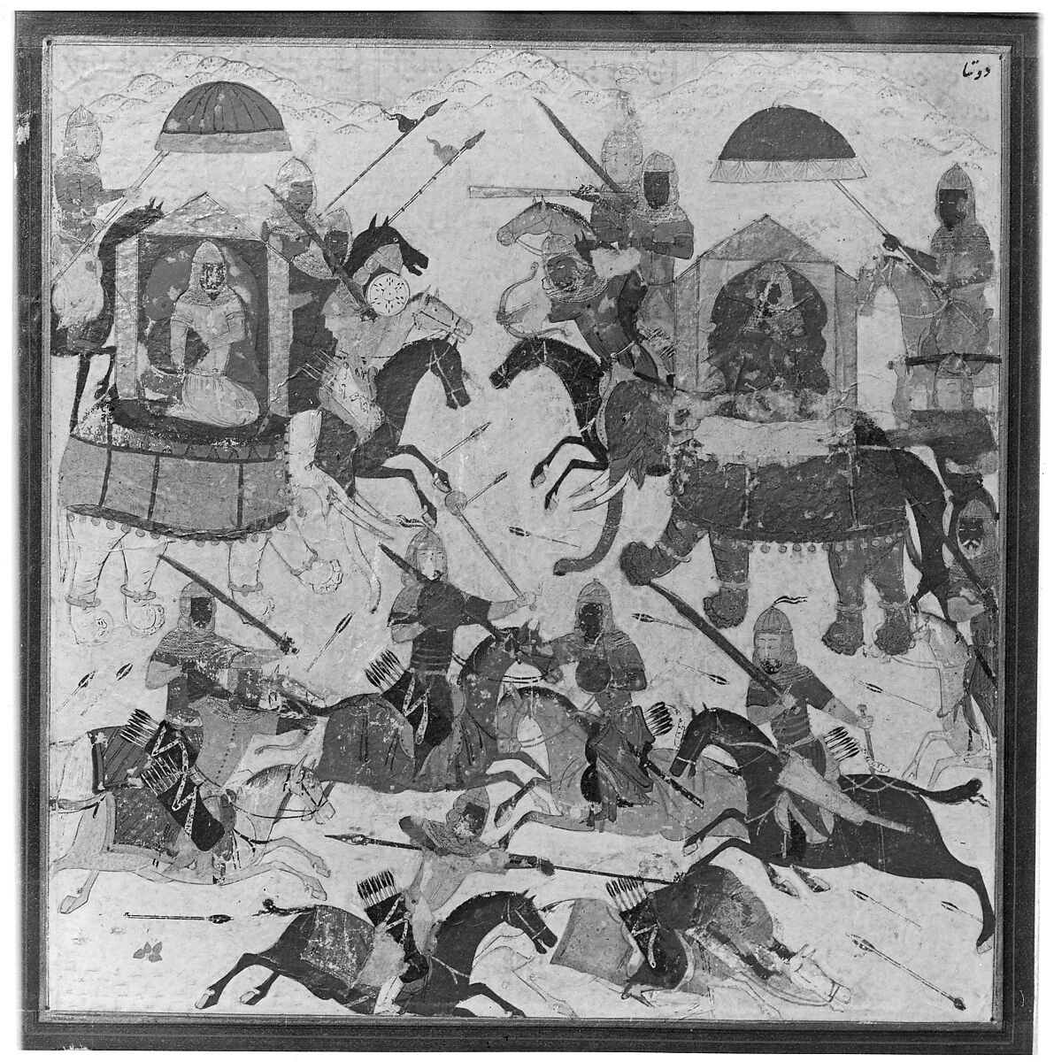 "Gav and Talhand in Battle", Folio from a Shahnama (Book of Kings), Abu'l Qasim Firdausi (Iranian, Paj ca. 940/41–1020 Tus), Ink, opaque watercolor, and gold on paper