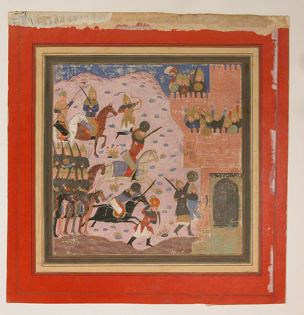 "Kai Khusrau, Gudarz and Giv Capturing the Demon's Fortress, Bahman (?)", Folio from a Shahnama (Book of Kings), Abu'l Qasim Firdausi (Iranian, Paj ca. 940/41–1020 Tus), Ink, opaque watercolor, and gold on paper