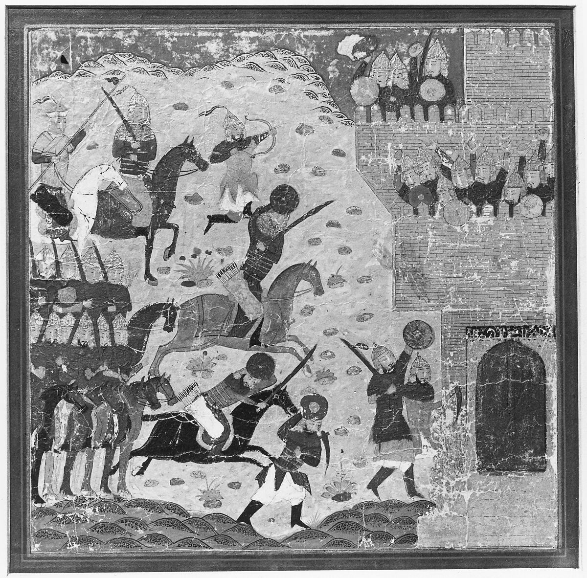 "Kai Khusrau, Gudarz and Giv Capturing the Demon's Fortress, Bahman (?)", Folio from a Shahnama (Book of Kings), Abu'l Qasim Firdausi (Iranian, Paj ca. 940/41–1020 Tus), Ink, opaque watercolor, and gold on paper