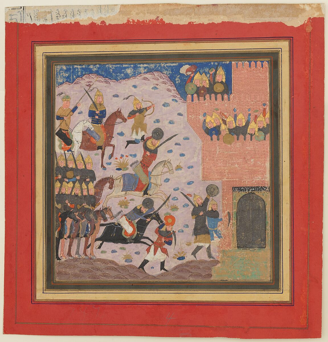 "Kai Khusrau, Gudarz and Giv Capturing the Demon's Fortress, Bahman (?)", Folio from a Shahnama (Book of Kings), Abu&#39;l Qasim Firdausi (Iranian, Paj ca. 940/41–1020 Tus), Ink, opaque watercolor, and gold on paper 