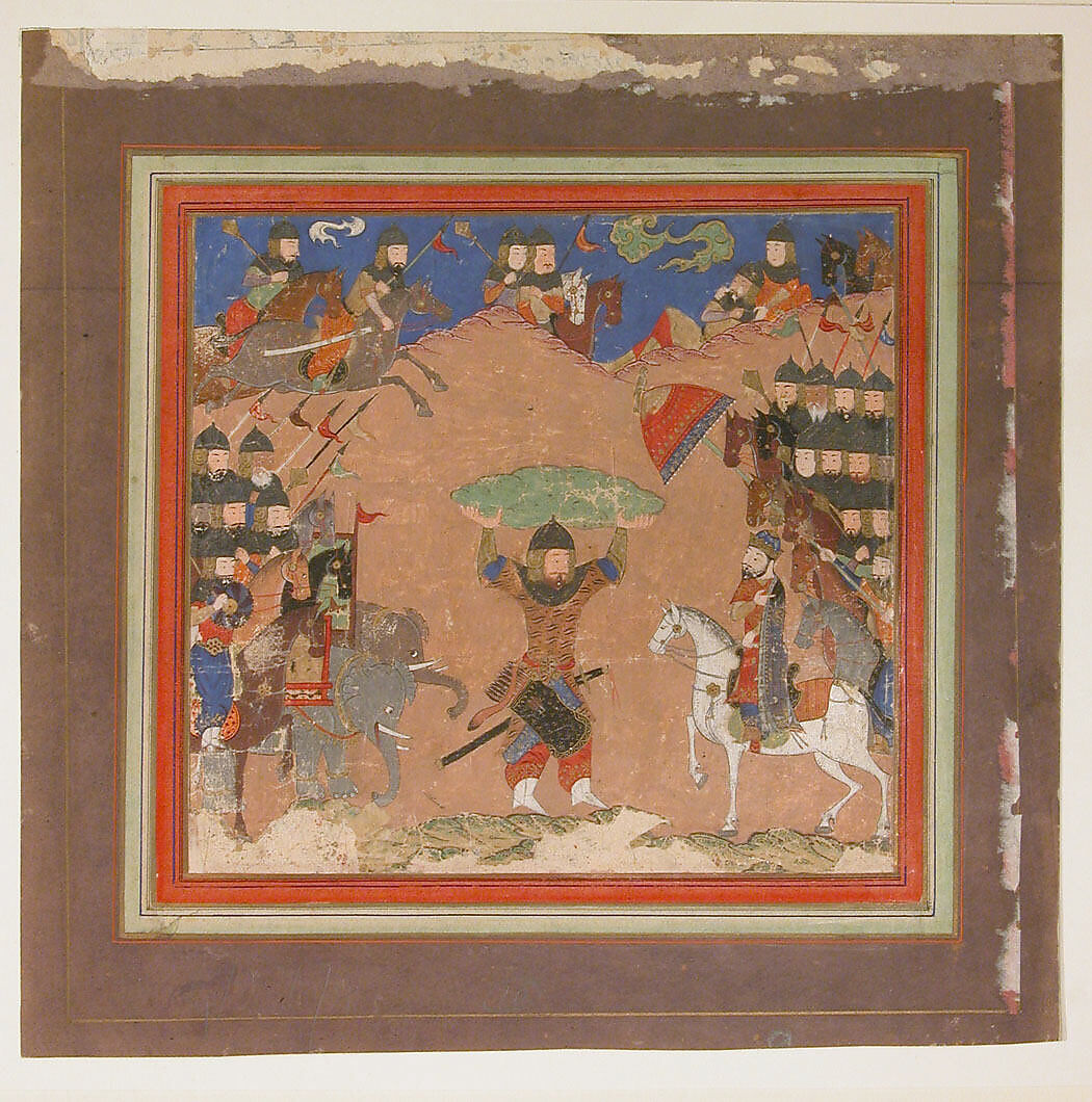 "Rustam Carrying the King of Mazandaran to Kai Kavus", Folio from a Shahnama (Book of Kings), Abu&#39;l Qasim Firdausi (Iranian, Paj ca. 940/41–1020 Tus), Ink, opaque watercolor, and gold on paper 