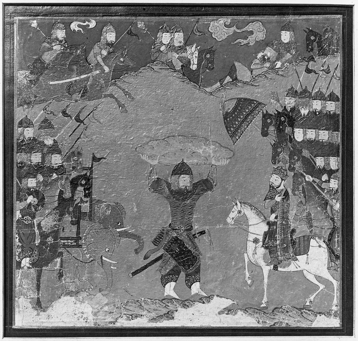 "Rustam Carrying the King of Mazandaran to Kai Kavus", Folio from a Shahnama (Book of Kings), Abu'l Qasim Firdausi (Iranian, Paj ca. 940/41–1020 Tus), Ink, opaque watercolor, and gold on paper