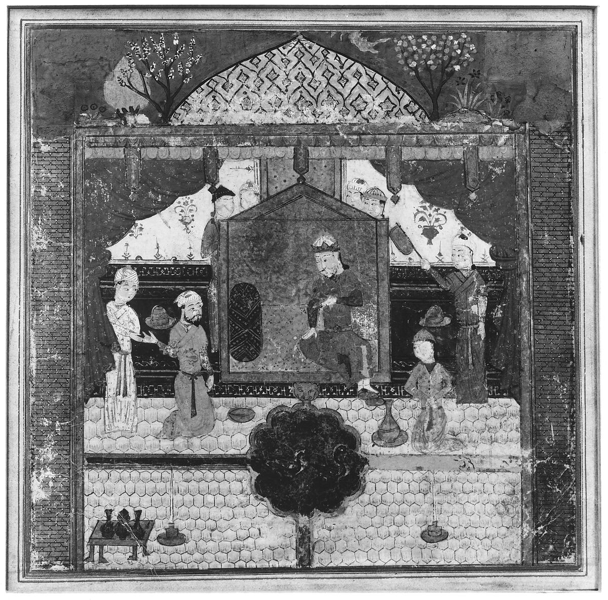 "Khusrau Parviz before his Father Hurmuzd (?)", Folio from a Shahnama (Book of Kings), Abu'l Qasim Firdausi (Iranian, Paj ca. 940/41–1020 Tus), Ink, opaque watercolor, and gold on paper