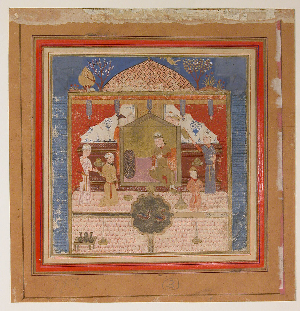 "Khusrau Parviz before his Father Hurmuzd (?)", Folio from a Shahnama (Book of Kings), Abu'l Qasim Firdausi (Iranian, Paj ca. 940/41–1020 Tus), Ink, opaque watercolor, and gold on paper