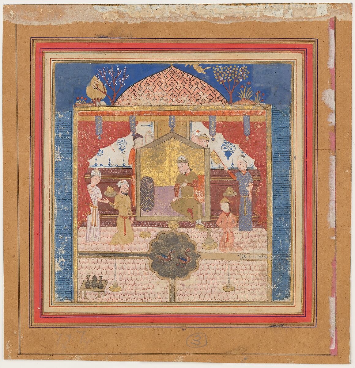"Khusrau Parviz before his Father Hurmuzd (?)", Folio from a Shahnama (Book of Kings), Abu&#39;l Qasim Firdausi (Iranian, Paj ca. 940/41–1020 Tus), Ink, opaque watercolor, and gold on paper 