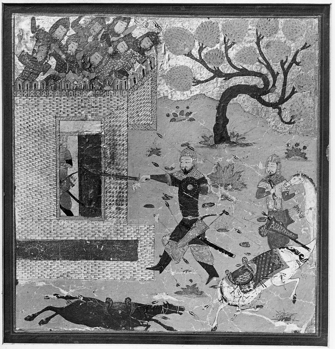 "Bizhan Forces Farud to Retreat into his Fort", Folio from a Shahnama (Book of Kings), Abu'l Qasim Firdausi (Iranian, Paj ca. 940/41–1020 Tus), Ink, opaque watercolor, and gold on paper