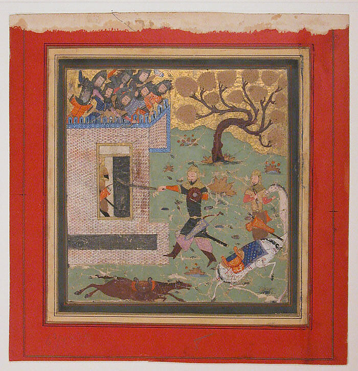 "Bizhan Forces Farud to Retreat into his Fort", Folio from a Shahnama (Book of Kings), Abu'l Qasim Firdausi (Iranian, Paj ca. 940/41–1020 Tus), Ink, opaque watercolor, and gold on paper