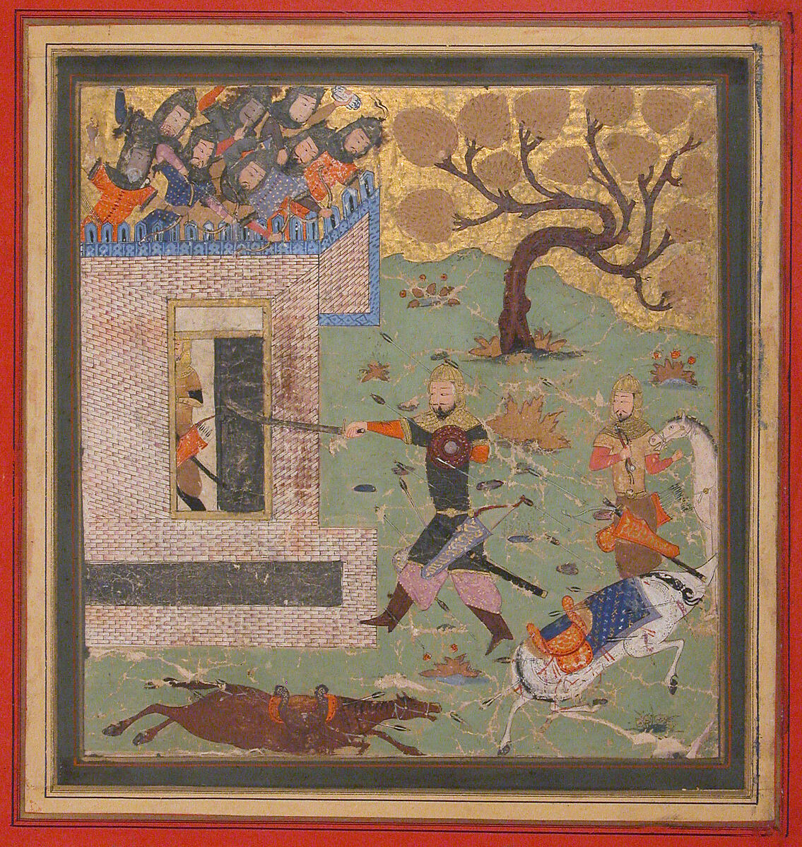"Bizhan Forces Farud to Retreat into his Fort", Folio from a Shahnama (Book of Kings), Abu'l Qasim Firdausi (Iranian, Paj ca. 940/41–1020 Tus), Ink, opaque watercolor, and gold on paper