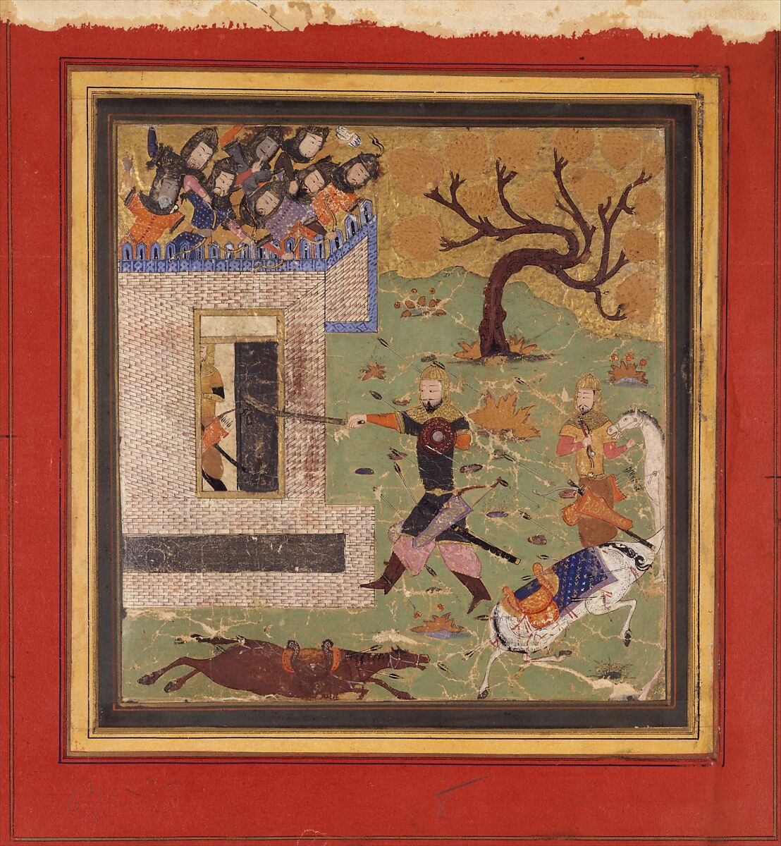 "Bizhan Forces Farud to Retreat into his Fort", Folio from a Shahnama (Book of Kings), Abu'l Qasim Firdausi (Iranian, Paj ca. 940/41–1020 Tus), Ink, opaque watercolor, and gold on paper