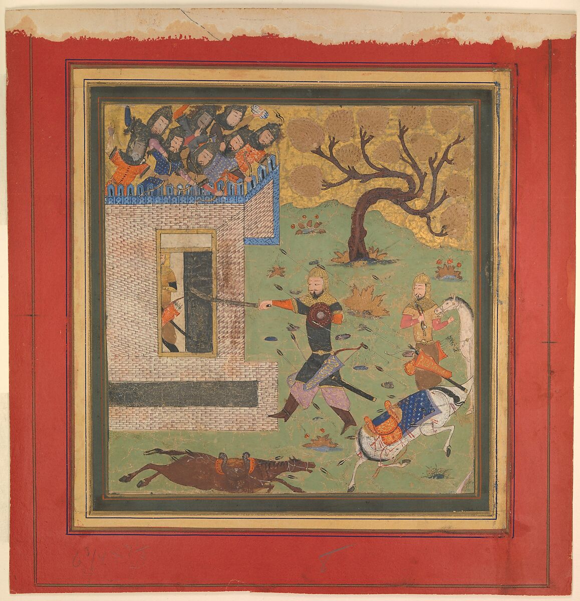 "Bizhan Forces Farud to Retreat into his Fort", Folio from a Shahnama (Book of Kings), Abu&#39;l Qasim Firdausi (Iranian, Paj ca. 940/41–1020 Tus), Ink, opaque watercolor, and gold on paper 
