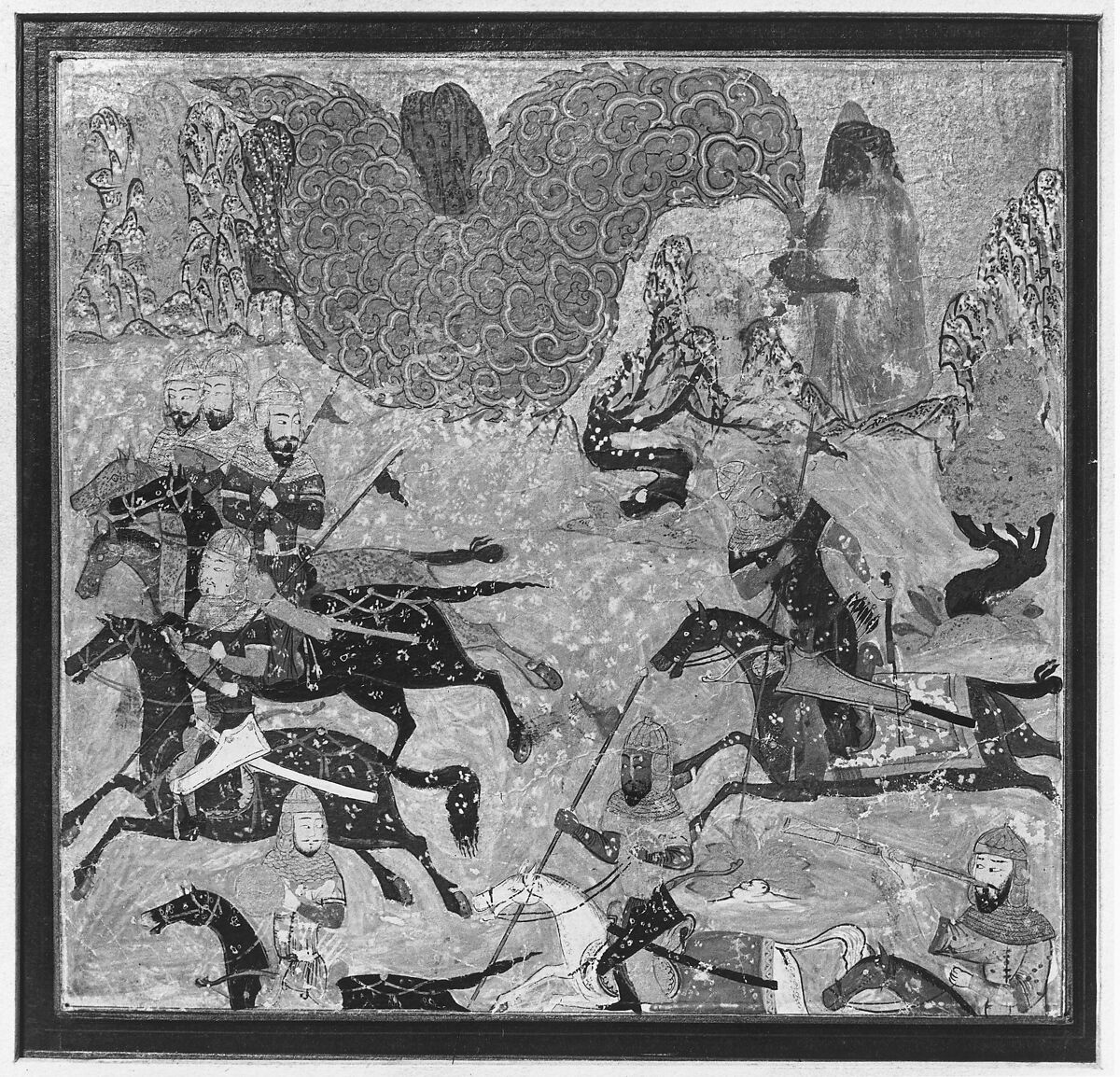 "Bazur, the Magician, Raises up Darkness and a Storm", Folio from a Shahnama (Book of Kings), Abu'l Qasim Firdausi (Iranian, Paj ca. 940/41–1020 Tus), Ink, opaque watercolor, and gold on paper