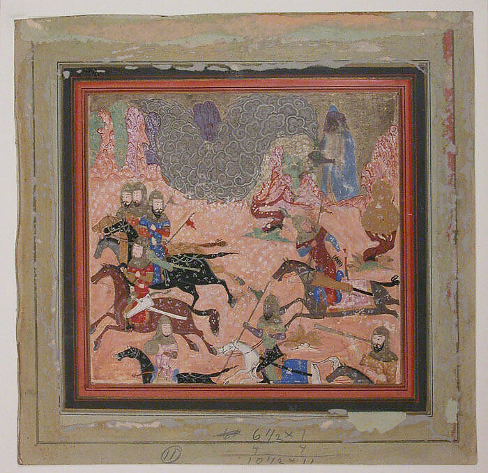 "Bazur, the Magician, Raises up Darkness and a Storm", Folio from a Shahnama (Book of Kings), Abu'l Qasim Firdausi (Iranian, Paj ca. 940/41–1020 Tus), Ink, opaque watercolor, and gold on paper