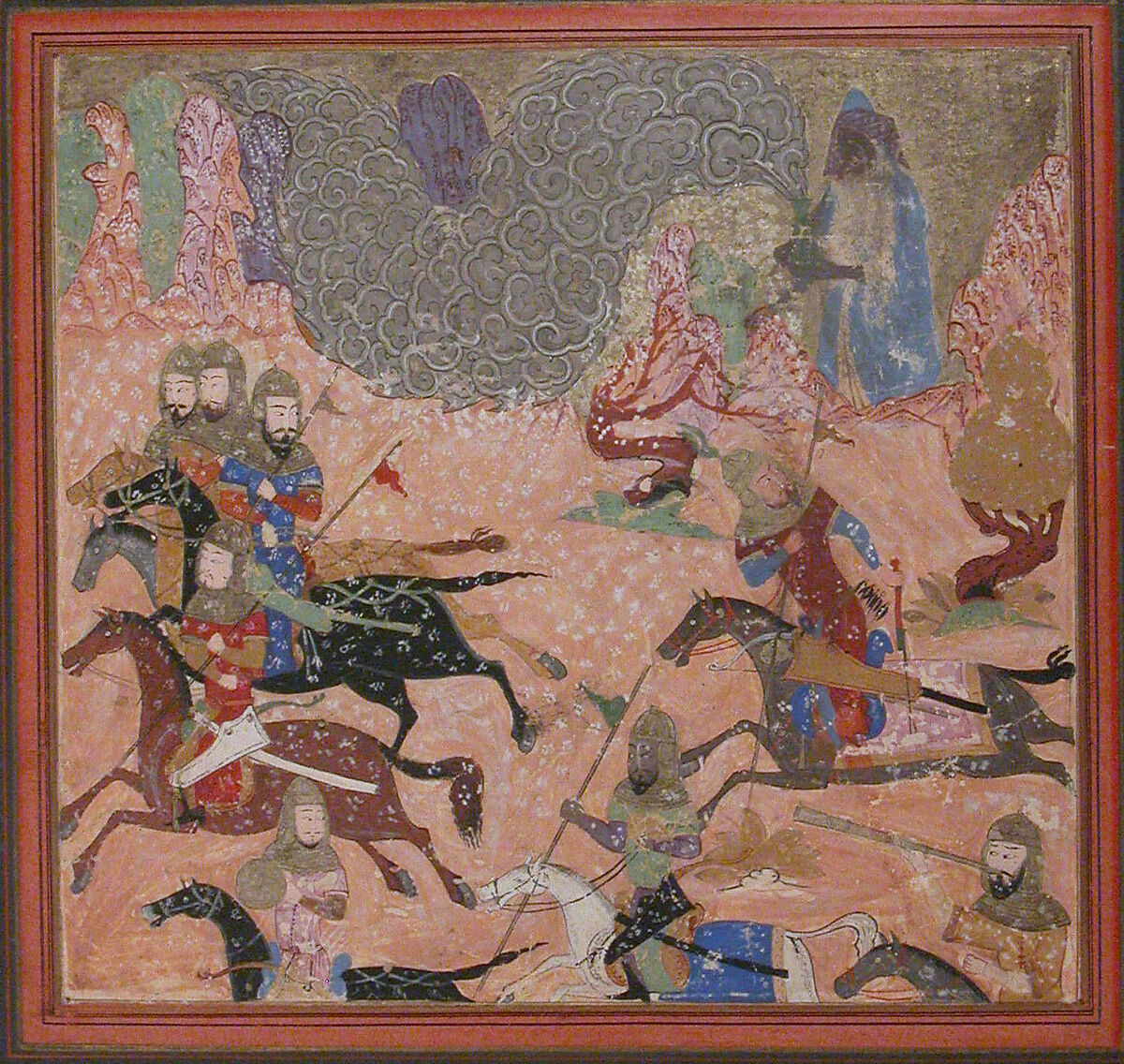 "Bazur, the Magician, Raises up Darkness and a Storm", Folio from a Shahnama (Book of Kings), Abu'l Qasim Firdausi (Iranian, Paj ca. 940/41–1020 Tus), Ink, opaque watercolor, and gold on paper