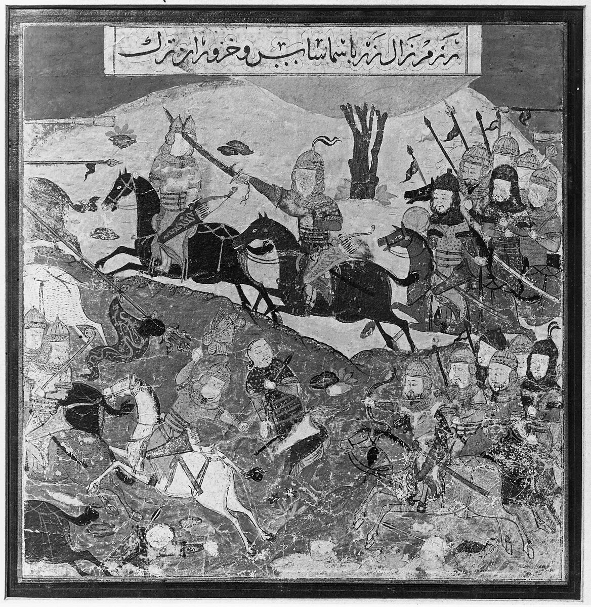 "Zal Slays Khazarvan and Puts Shamasas to Flight", Folio from a Shahnama (Book of Kings), Abu'l Qasim Firdausi (Iranian, Paj ca. 940/41–1020 Tus), Ink, opaque watercolor, and gold on paper