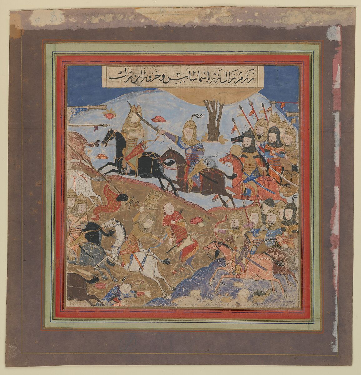 "Zal Slays Khazarvan and Puts Shamasas to Flight", Folio from a Shahnama (Book of Kings), Abu&#39;l Qasim Firdausi (Iranian, Paj ca. 940/41–1020 Tus), Ink, opaque watercolor, and gold on paper 