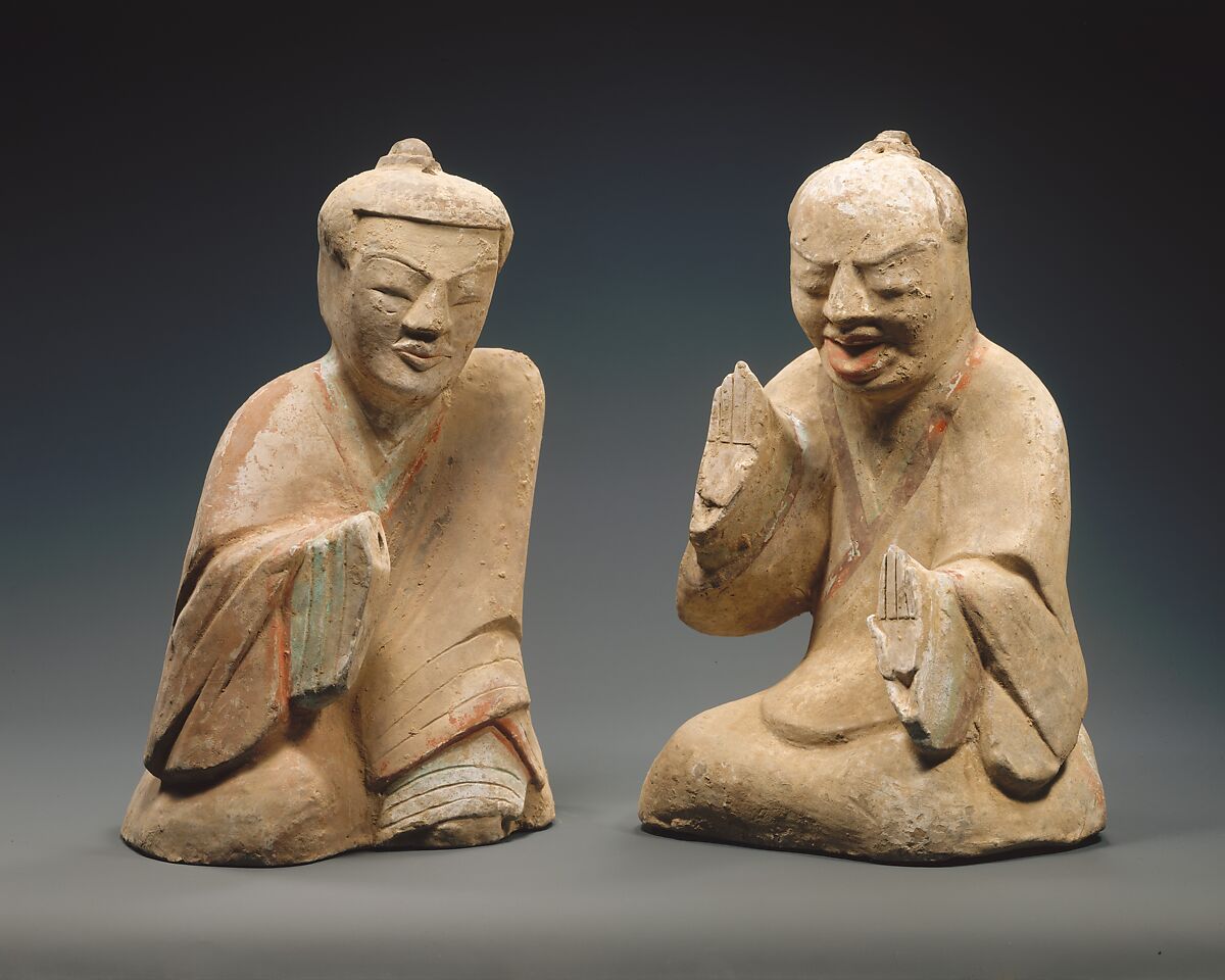 Pair of Seated Figures Playing Liubo, Earthenware with pigment, China 