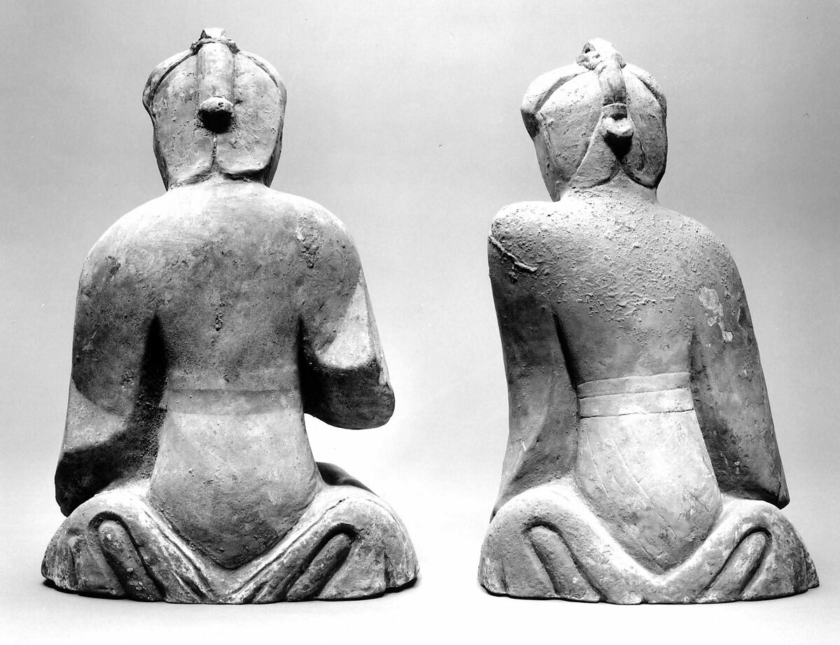 Pair of Seated Figures Playing Liubo, Earthenware with pigment, China