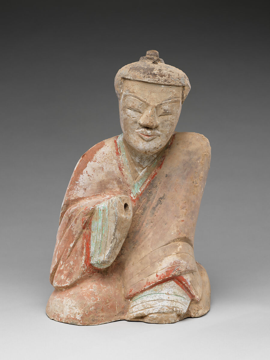 Pair of Seated Figures Playing Liubo, Earthenware with pigment, China